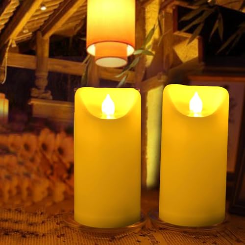 Image of CANDLE CHOICE Outdoor Battery Operated Flameless Candles with Remote Timer Waterproof Flickering Plastic Electric LED Pillar Lights for Lantern Patio Garden Wedding Party Decorations 3x6 Inches 2 Pack