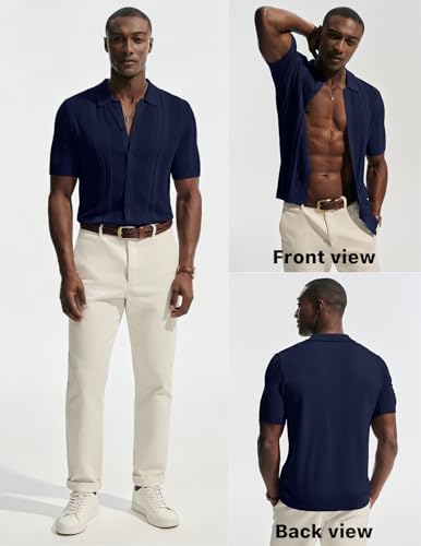Men's Knit Button Down Shirt Short Sleeve Vintage Hollow Out Polo Shirts Summer Casual Beach Tops Navy Blue M - image 6