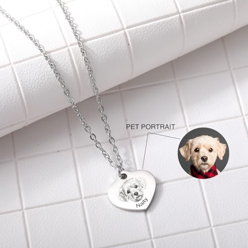 INBLUE Personalisierte Haustier Porträt Halskette für Frauen Edelstahl Rund/Herz Scheibe Gravur mit Bild Name Angepasst Haustier Verlust Gedenk Geschenke für Haustier Liebhaber A2 - Silber