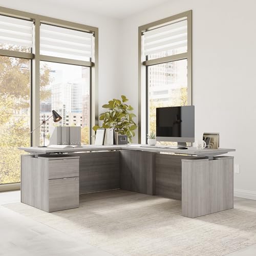 Image of Bush Business Furniture 72-inch Height Adjustable L Shaped Standing Desk with File Cabinet, Ergonomic Sit-Stand Computer Table for Office, Stratus Collection, Platinum Gray with Metallic Gray Base