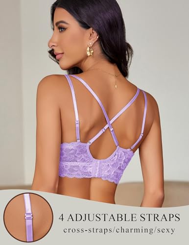 Image of Avidlove Bras for Women Floral Lace Bralettes Deep V Sexy Bras Cross Back Longline Bralette No Padded
