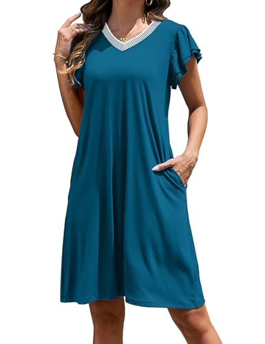 Hersuitful Women Summer Dresses 2025 Ruffle Sleeve Casual Sundress Color Block V Neck Mini Beach Dress with Pockets Teal XL