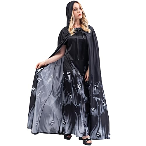 Chitomars Halloween Disfraz Mujer, Fantasma Capa con Capucha y Vestido Cosplay Capa de Vampiro o Bruja Halloween Carnaval Mascarada Fiesta Adulto Disfraz (M)