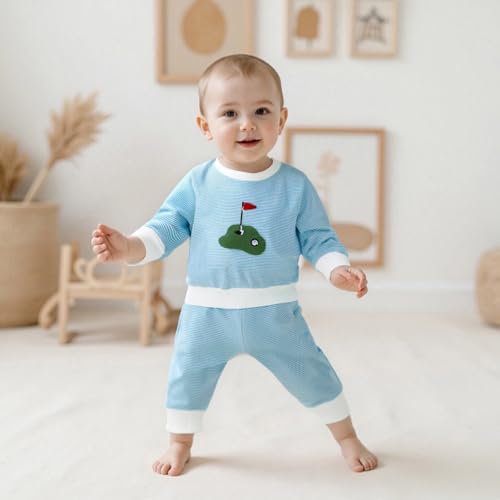 Toddler Baby Boy Golf Outfit Hole in One Embroidery Striped Sweatshirt Top Long Pants Set Fall Winter Golf Clothes3