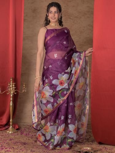 Image of Satrani Women's Kota Chex Printed Saree with Unstitched Blouse Piece