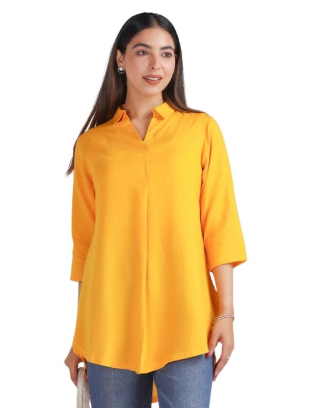 Image of Mlada Rayon Flare Top for Women | 3 /4th Sleeve Regular Fit and Flare Top | Women Office Tops Tunic | Western Long Shirt Top for Women | Shirt Collar Top for Women | Rayon Tunic Tops for Women Western