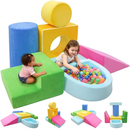 Teckid Toddler Climbing Toys, 7-Piece Colorful Foam Blocks, Indoor Soft Play Gym for Crawling, Climbing and Sliding, Modular Play Set Ages 1-3, No Ball Included