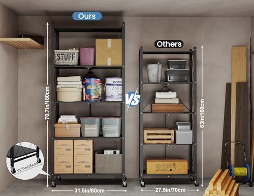 Image of ALANNG 70.7 inch H Metal Storage Shelves, 5 Tier Folding Shelf on Wheels | Heavy Duty, No Assembly, Rolling, Collapsible Rack Unit for Kitchen, Basement, Pantry (Black,1 Pack)