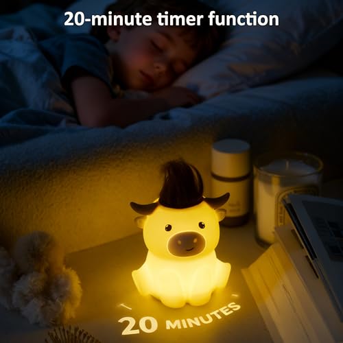 Image of Led Cute Highland Cow Night Light, Dimmable Timer Nursery Kawaii Lamps, Super Squishy Silicone USB Rechargeable Touch Control Night Lamp, Used for Camping Party Room Decor (Highland Cow)