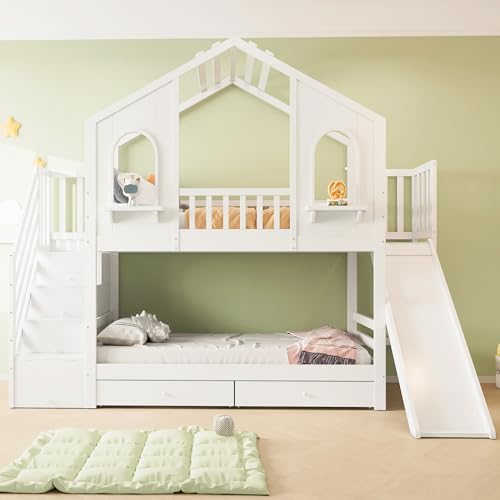 Kebnor Cama infantil de dos niveles 90 x 200 cm, con forma de casa con ventanas curvas, con escalera de almacenamiento y tobogán, cajones, cama doble (Blanco)