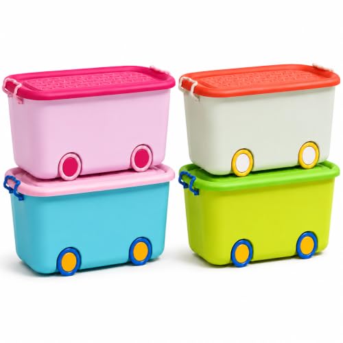 Image of Ash & Roh Multi color Storage Bins with Locking Lids | Collapsible Storage Box with Handle | Organizer Stackable Toy Storage Bins with Wheels | 25 lit Containers Organizing Storage Box. (Pack of 4.)