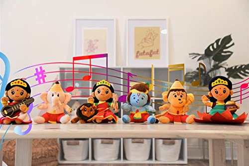 Modi Toys The Mini Bundle - 6 Small Durga Devi, Saraswati Devi, Laxmi Devi, Baby Ganesh, Baby Hanuman And Baby Krishna Mantra Singing Plush Toys #TOP4