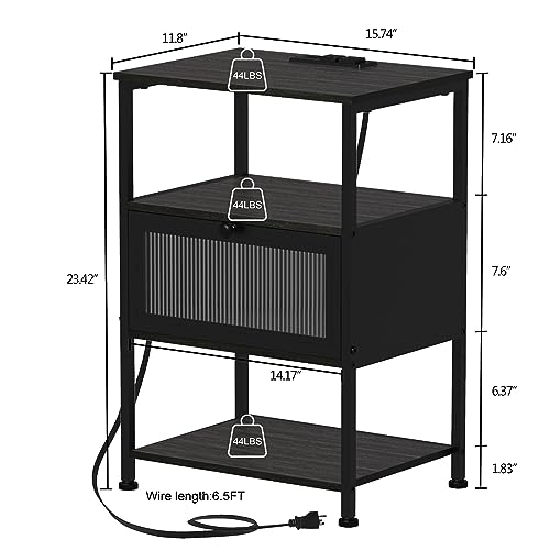 Image of EXOTICA Nightstand with Charging Station and LED Lights Small Black End Table with USB Ports Visible Acrylic Door Storage Bedside Table for Bedroom Sofa Couch L-15.74 inch x W-11.8 inch xH-23.42 inch
