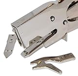Grapadora manual de tenaza metálica FASTGUN Modelo MG 31 para el grapado de cartones principalmente. También puede ser utilizada para el grapado de plásticos, gomas, piel, poli-piel. muestrarios o similares.