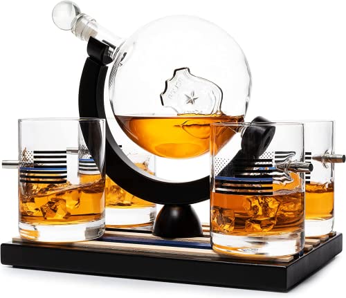 Police Officers Decanter - Whiskey and Wine Set 850ml & Four 10oz Glasses, Thin Blue Line Flag Base - Law Enforcement Gifts, Police & Police Academy, Gift Set First Responders! Gifts for Dad