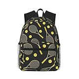 Divertidas raquetas de tenis y pelotas de tenis con estampado de mochila de viaje para hombres y mujeres, resistente al agua y ligera, Negro -, Talla única