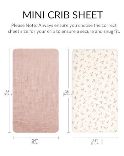Image of Mini Crib Sheets for Baby Boy Girl 2 Pack, Neutral Mini Crib Mattress Sheet 24 inch x 38 inch, Muslin Nursery Bedding Soft and Breathable Comfort (Rosy)