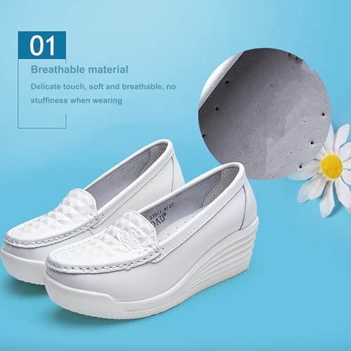 Image of Women's Leather Breathable Wedge Heel Nurse Loafers Comfortable Round Toe Platform Non-Slip Hollow Breathable Slip-On Work Shoes Mother Shoes