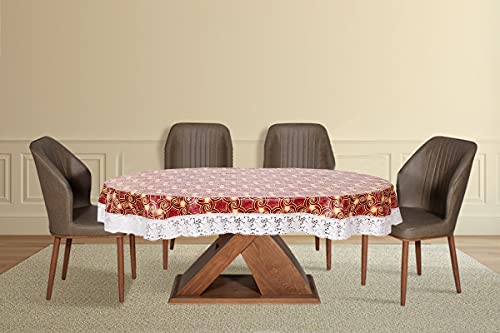 Image of The Furnishing Tree Waterproof PVC Oval Shaped Center Table Cover WxL 40x60 inches Packed Pattern Multicolor with White Border lace