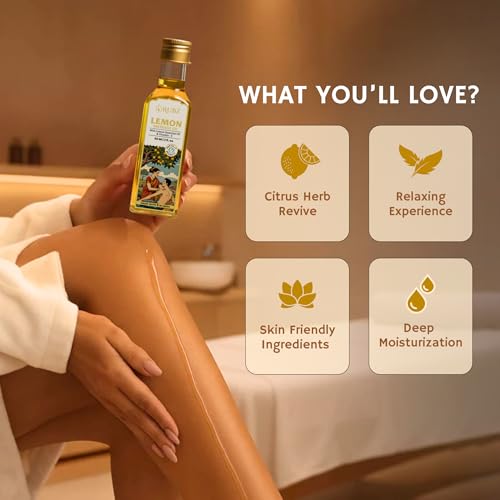 Image of Rubz Lemon Body Massage Oil - 60ml | Refreshing Citrus Body Oil | Quick Absorbing Herbal Body Massage Oil for Men & Women