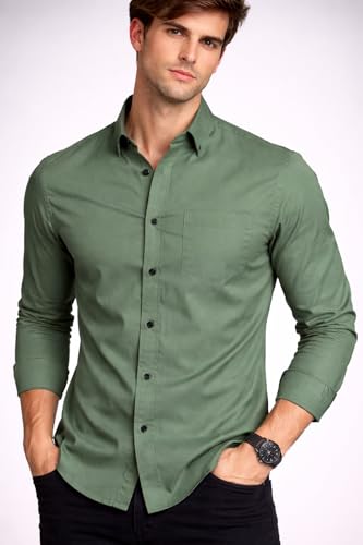 Image of Men's Slim Fit Long Sleeve Button-Down Shirt, Casual Formal Style with Chest Pocket