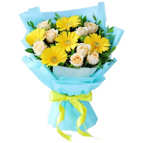 IFG's Beautiful Bouquet of White and YellowGerberas and Roses, 15 pcs Fresh Flowers - Same Day Delivery-image-33