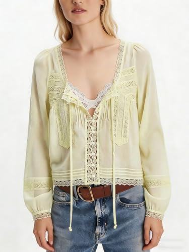 Image of Women Summer Sheer Tie Front Top Y2k Peplum Chiffon Blouse Eyelet Long Sleeve Flowy Lace Beach Cover Up Boho Tops