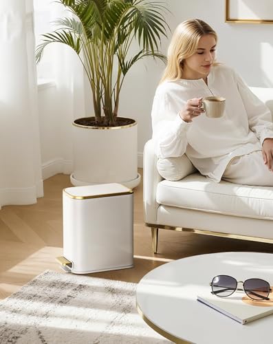 Image of Cesun Small Bathroom Trash Can with Gold Grimmed Lid & Pedal, 1.3Gal, White