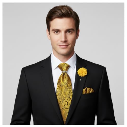 Image of 5PCS Tie and Pocket Square for Men, Silk Necktie and Handkerchief Cufflinks with Gold Ring and Lapel Pin Set
