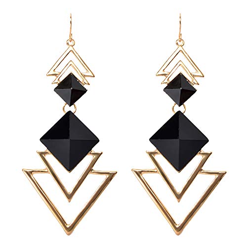 Fashion Jewelry Wholesale Graceful Gold Color Alloy Colorful Imitation Gemstone Triangle Geometry Dangle Earrings for Women (Black) with Free Jewelry Pouch