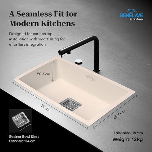 Image of Benelave by Hindware BLACP91004 Quartz Sink 24x18 for Kitchen | Single Bowl | Peach Aura Color | Better Sound Absorption for Quieter Use | 7-year Manufacturer Warranty