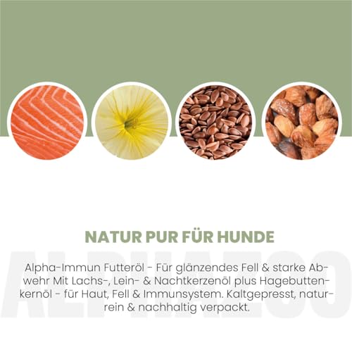 alphazoo Alpha-Immun Futteröl für Hunde 250 ml - naturbelassene Mischung aus Lachsöl, Leinöl, Nachtkerzenöl & Hagebuttenkernöl. Ergänzungsfuttermittel zur Unterstützung von Haut, Fell & Wohlbefinden.