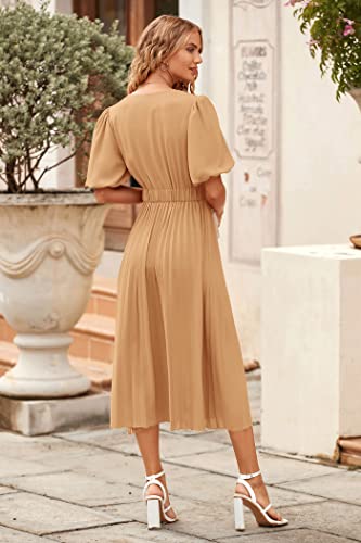 Prettygarden Women's Summer Pleated Midi Dress Wrap V Neck Puff Sleeve Casual Chiffon A Line Flowy Dresses (Khaki,Xx-Large) #TOP3