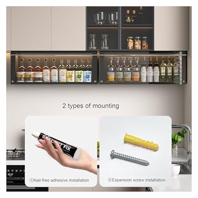 Kitchen Organizer Spice Rack,Kitchen Stretch Spice Cabinet, 2 Tier Pull Out Cabinet Organizer, Drop Down Spice Rack with Sensor Light, Undershelf Rac, Hold Up to 44Lbs,