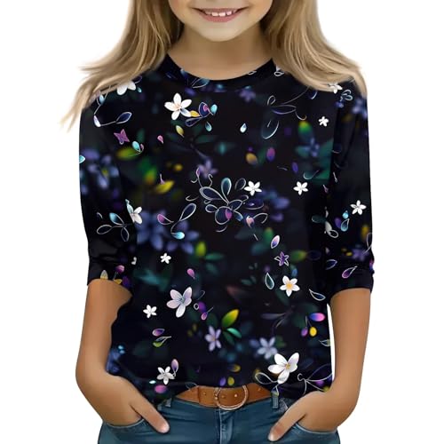 FlekmanArt Preppy Clothes for Girls 10-12 Crewneck 3/4 Sleeve Sweatshirts Printed Lightweight Basic Tees Fall Winter Pullover