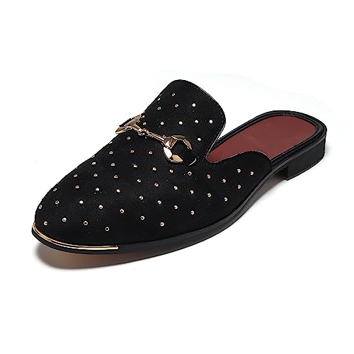 YYQL Mens Slippers with Arch Support Embroidered Leather Sandals for Men Slip On House Shoes with Indoor Outdoor Anti-Skid Rubber Sole Size 7-13