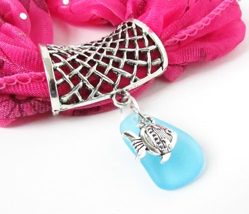 Sea Glass and Fish Charm Scarf Ring, Scarf Pendant, Scarf Slide, Scarf Jewelry, Accessories for Scarves4