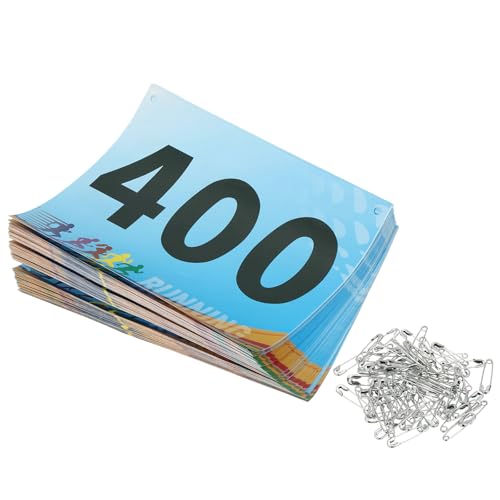 PATIKIL Tearproof Running Bib Numbers 7x6 Inch, 301-400 Race Competitor Numbers with Safety Pin for Marathon Sports Game Competition Runner, Multicolor