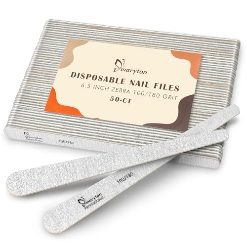 Maryton Disposable Professional Nail Files 6.5 L x 0.5 W Tapered Shape 100/180 Grit Thin Emery Boards for Nails Manicure Pedicure Tools 50Pcs