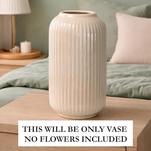 Image of Art Street Modern Ribbed Ceramic Flower Vase | Pearl White Decorative Boho Vase for Living Room, Bedroom & Office Dcor - (Flower not Included) 5x9 Inch