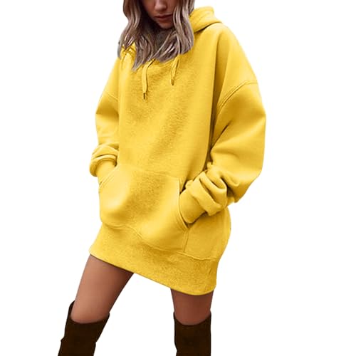 Wenlzhnb Damen Hoodie Kleid Übergangs Kapuzenpullover Sweatkleid Langarm Sweatshirt Kleid Casual Outwear Kapuzenpullover mit Taschen (Yellow, S)