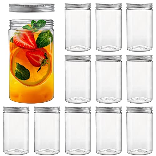Tebery 12 Pack Clear Round Plastic Jars Bottles Containers With Silver Ribbed Lids, 30Oz Straight Cylinders Storage Canisters For Food & Home Storage #TOP28