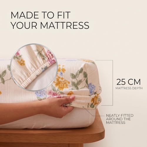 Image of VAS COLLECTIONS 240 TC Premium Fitted Bedsheet, Floral Printed King Size Elastic Deep Pocket Mattress Cover, Soft Breathable Bed Sheet for Bedroom, 72 x 78 + 10 Inches (183 x 198 + 25 cm) - Soft Honey