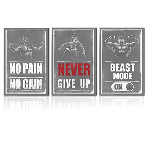 LoveHouse 3 Panel Sports Canvas Wall Art Black and White Muscle Men Fitness Picture with Motivational Quotes Prints on Canvas for Home Gym Room Wall Decor Stretched Framed Ready to Hang 16x24inchx3pcs
