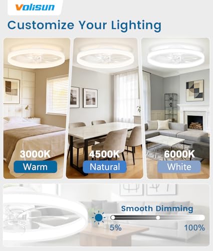 Image of VOLISUN Low Profile Ceiling Fans with Lights and Remote, 24in Fandelier Ceiling Fan Flush Mount, 3000K-6500K Smart Bladeless LED Fan Light, White Modern Ceiling Fans with Lights for Bedroom