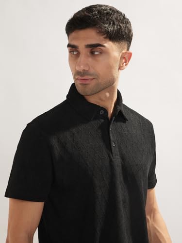 Image of Nobero Textured Polo T-Shirt for Men | Polo T-Shirts for Men | Regular Fit | Textured Fabric | Contrast Collar | Casual & Smart Casual