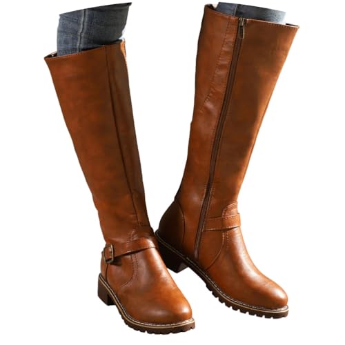 shownicer Stiefel Damen Blockabsatz Winterstiefel Bequeme Langschaft Damenstiefel Mit Reißverschluss A Braun 40