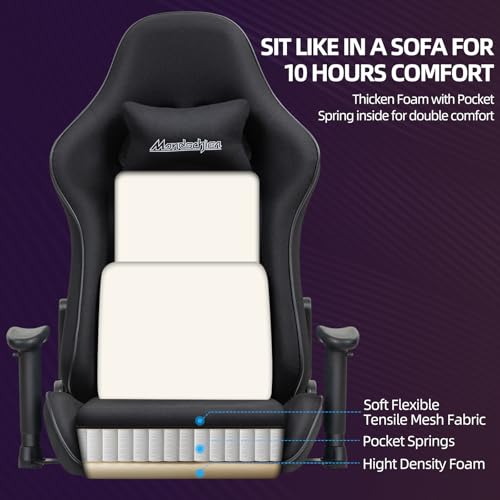 Mondschein Gaming Chair with Pocket Spring, Fabric Massage Office Chair High Back Ergonomic Reclining Desk Racing Game PC Computer Chair with Footrest, Adjustable Armrest Headrest (Black) 606 の商品画像 4