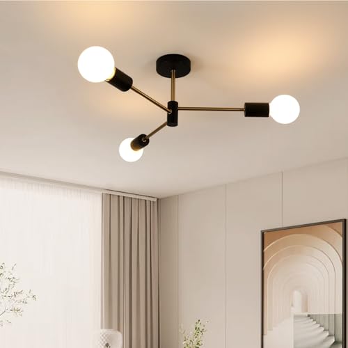 SENQIU Sputnik Ceiling Light, Black Golden Semi Flush Mount Ceiling Light, 3 Lights Modern Sputnik Chandelier with E27 Socket for Living Room, Bedroom, Kitchen, Dining