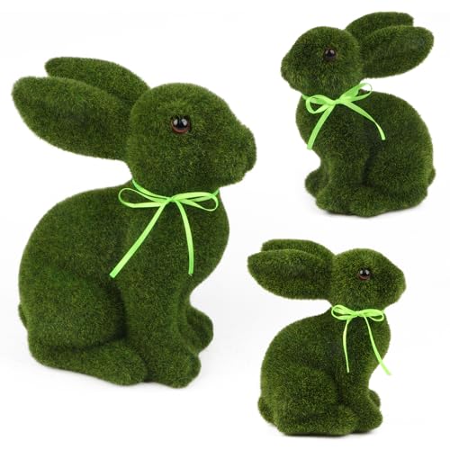 3Pcs Moss Bunny Easter Furry Flocked Bunny Moss Rabbit Easter Statue Artificial Grass Bunny Turf Grass Bunny Figure Rabbit Moss Covered Bunny for Easter Party Supplies Gifts Garden Yard Decorations